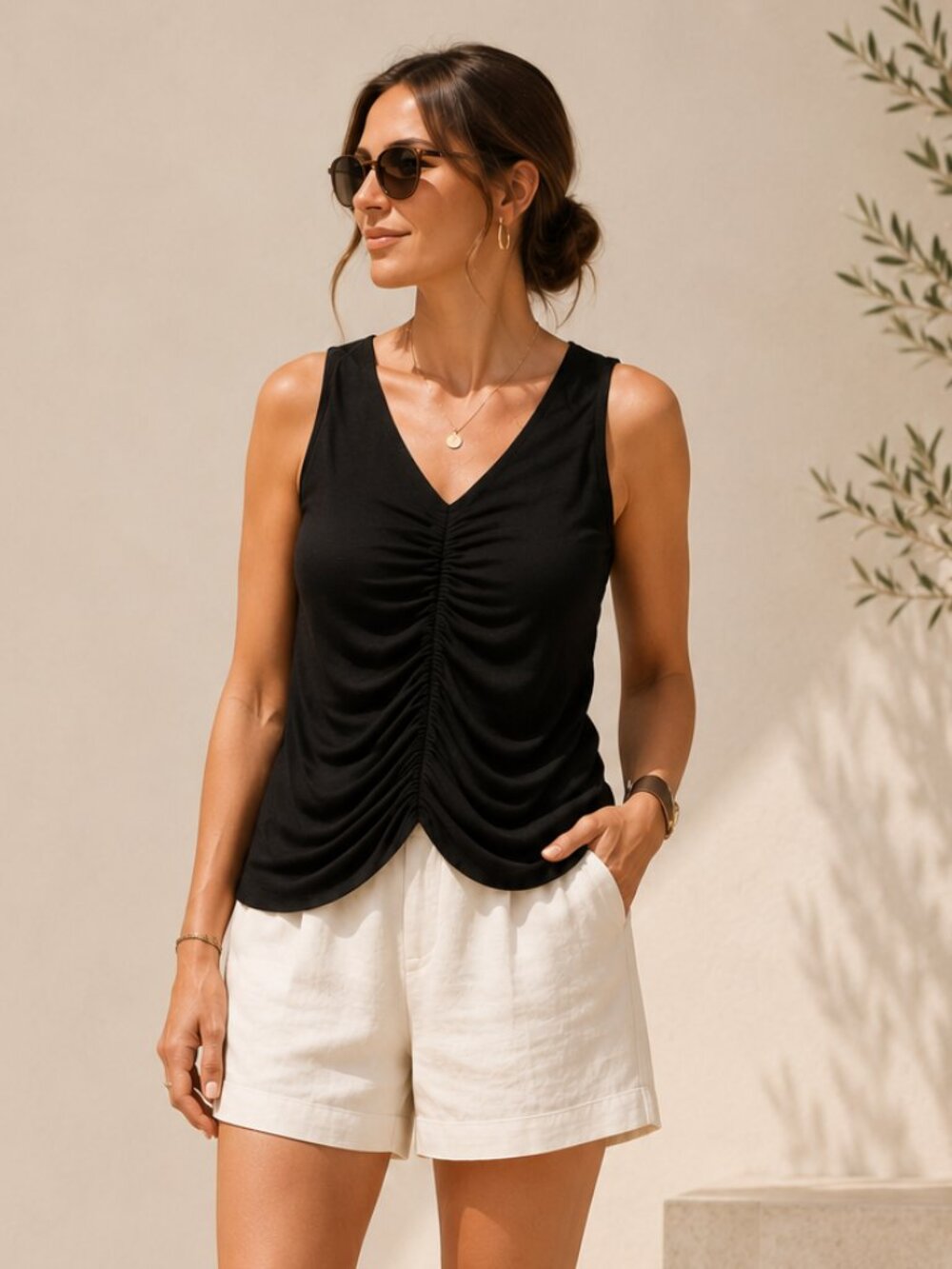 Jac Parker Black V Neck Tank Top Scrunched Soft Stretch Blouse Medium